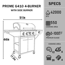 Load image into Gallery viewer, PROME G410 Propane Gas Grill - 4 Burners + Side Burner